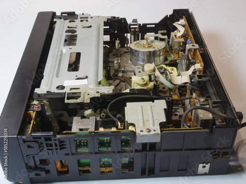 Internal mechanism of vintage video cassette recorder