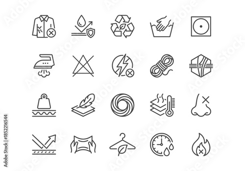 Fabric properties and material technology line icons. Vector symbols for waterproof, breathable, UV protection, thermal, sustainable, and durable textile features.