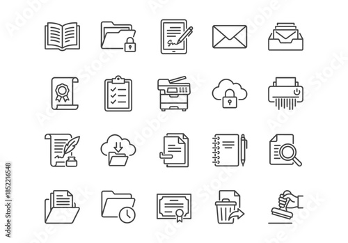 Document and Office line icons set. 20 clean black outline vector symbols representing files, folders, email, printing, cloud storage, security, and office tasks on a white background.