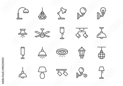 Line art lighting icons set. Vector collection of modern lamps, chandeliers, sconces, and ceiling fixtures. Minimal black outline design elements for interior decor web and app UI.