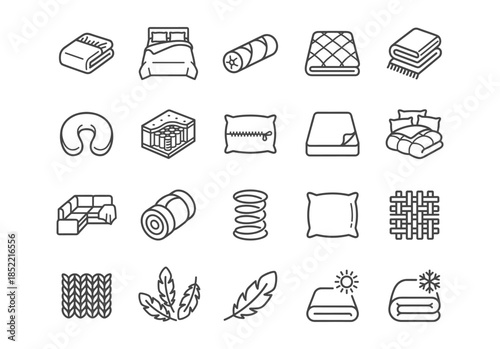 Bedroom and bedding line icon set. Vector illustration collection of beds, pillows, mattresses, blankets, textiles, feathers, and sleep-related symbols in minimalist black outline style.