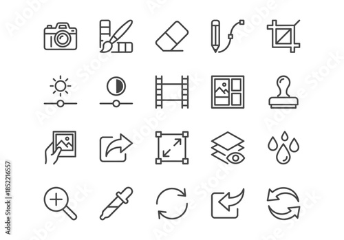 Set of 20 minimalist photo editing line icons. Clean black outline vector symbols for photography software, camera tools, and UI design.