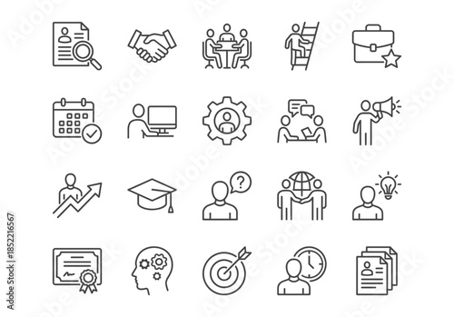 Set of 20 black line icons for career, business, recruitment, and growth. Vector illustration on white background.