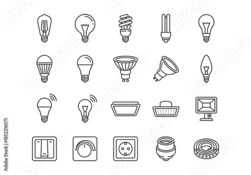A set of 20 black outline vector icons for electricity and lighting. Includes bulbs, switches, sockets, spotlights, and smart home devices. Simple line art style on a white background.