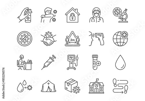 20 pandemic line icons. Vector black outline symbols for health, safety, vaccine, quarantine, social distancing, and medical care.
