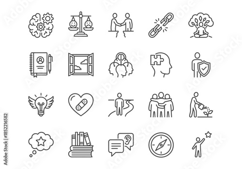 Vector line icon set for psychology, mental health, and personal growth. 20 minimalist black outline symbols representing therapy, healing, support, mindset, and development on white background.