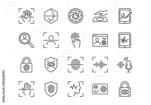 Biometric security and authentication line icons set. Vector illustration of fingerprint, face, iris, voice recognition, and signature scan symbols for digital identity and access control.