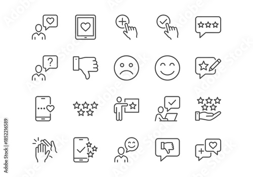 Feedback and ratings line icons. 20 clean black outline vector symbols for customer reviews, support, satisfaction, and user experience.
