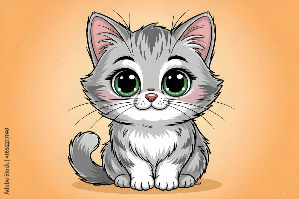 Obraz premium Cute kitten sitting with big green eyes cartoon