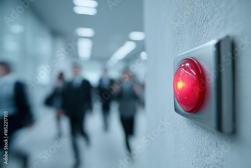 The red fire alarm button signals danger. Evacuation of employees from the office in the background