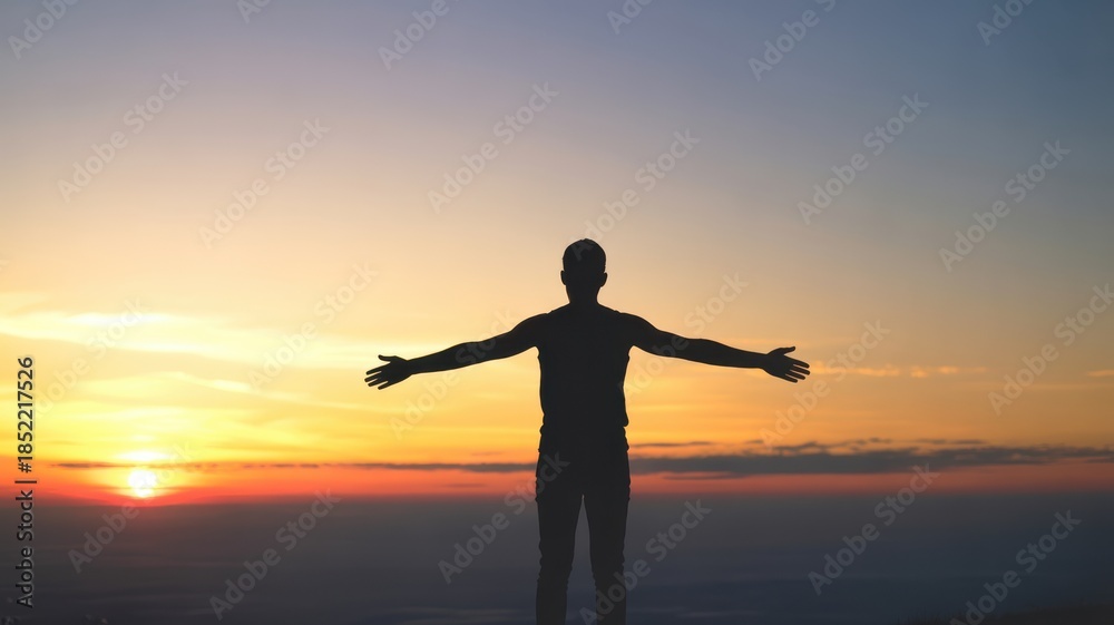 Fototapeta premium Silhouette of person with arms outstretched at sunset over a mountain landscape