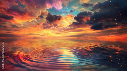 An awe-inspiring view of the sunset sky reflected in the tranquil water  AI Generative