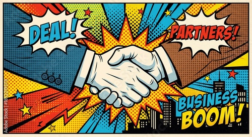 business people handshake deal agreed pop comic art style background