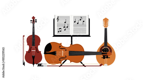 A collection of classical string instruments including violins, viola, and mandolin, arranged with sheet music