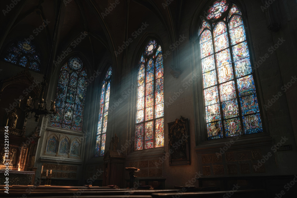 Obraz premium Interior of a historic church featuring stunning stained glass windows, sunlight streaming through, illuminating wooden pews, creating a serene and spiritual atmosphere for reflection and worship