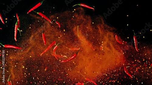 Super Slow Motion of Red Chili Peppers Hitting in the Air. Filmed on High Speed Cinema Camera at 1000 FPS