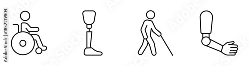 Disability and Rehabilitation Icon Set, Accessibility, Assistive Devices, Prosthetics, Mobility Support and Inclusive Healthcare Concept, Vector Illustration