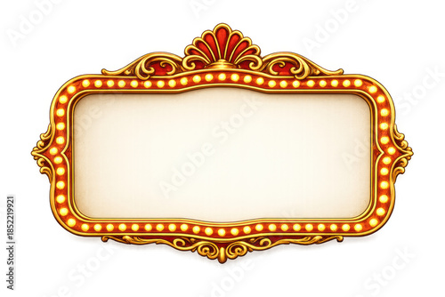 Vintage gold ornate marquee light frame with shining bulbs. Retro theater billboard border, transparent background