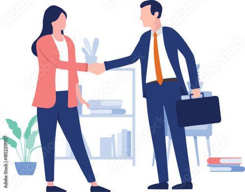 Businesswoman and businessman handshake - Man and woman shaking hands over deal and agreement in office. Flat design vector illustration with white background.