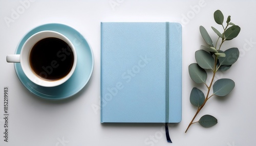 minimalist overhead view of a light blue textured notebook a white coffee cup and a branch of eucalyptus on a clean white desk