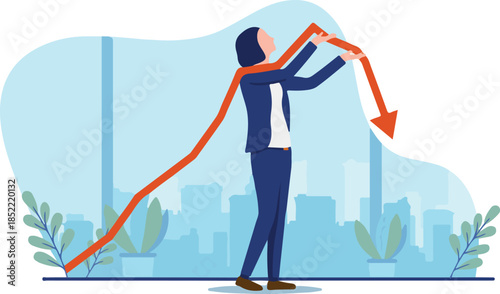 Businesswoman holding arrow pointing down - Woman standing at work holding a falling graph in hands. Metaphor for financial loss and failing business. Vector illustration with white background.
