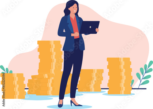 Businesswoman making money holding laptop - Woman standing in front of stack of coins with laptop, smiling and being successful. Female entrepreneur success concept in flat design vector illustration.