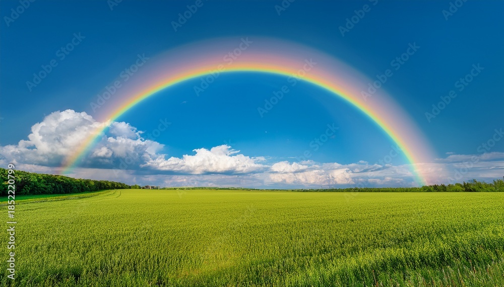 Naklejka premium stunning blue sky panoramic rainbow big fluffy clouds with a giant arcing rainbow against a beautiful summer time blue sky with copy space for messages rainbow over fields under a blue sky with white