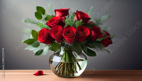 Vase Filled With Red Roses And Greenery