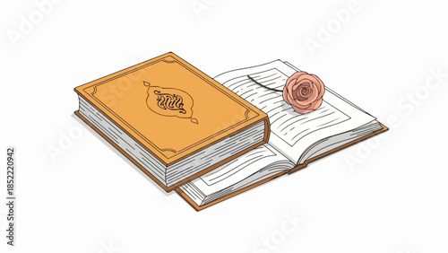 Elegant closed book with rose resting on open pages, showcasing thoughtful details and ornamental cover design. Depicting a book with rose, this illustration symbolizes knowledge, devotion,