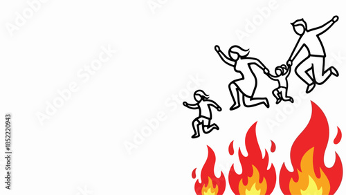 Family fire escape drawing, adults and kids leap over fire. Visual shows quick action, family fire escape essential for survival. Graphic ideal for public safety, emergency plans,