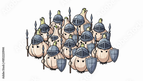 Cartoon garlic knights stand in formation, armed with spears and shields, ready for battle. Many garlic knights wear protective helmets, showing whimsical defense.