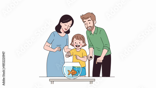 Happy family goldfish pet interaction, child points at small fish in bowl. Parents and child observe aquatic companion, creating heartwarming family goldfish pet scene.