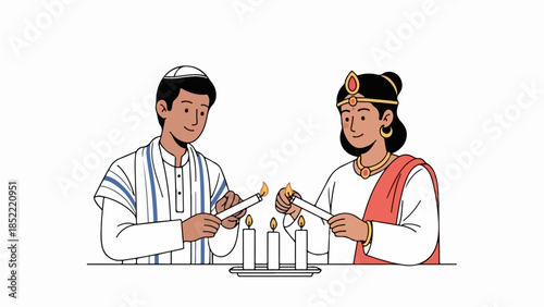 Children participate in cultural celebration, lighting candles on white background. Young boy and girl, diverse cultural backgrounds, share a meaningful cultural celebration.