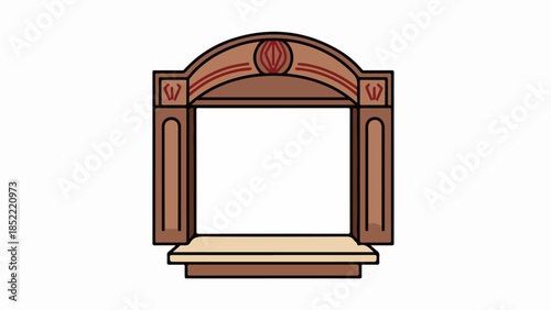 Classic decorative arch frame in wood with ornate carvings, central crest at top. This elegant arch frame provides refined architectural element for design projects, graphic assets.