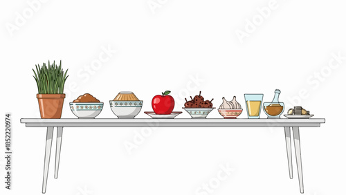 Traditional Haft-Seen table displaying sabzeh, samanu, senjed in bowls. Cultural Haft-Seen table includes fresh red apple, sumac, garlic, vinegar.