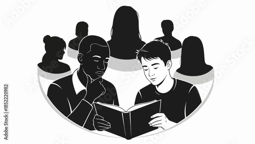 Learning discussion group shows two men reading book, surrounded by silhouetted figures. Learning discussion group symbolizes knowledge sharing, mentorship, collaborative study, educational exchange.