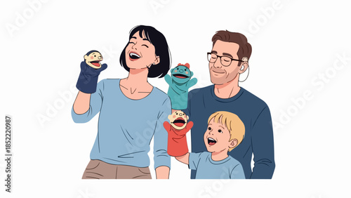 Family playing puppets, cheerful parents and young child use colorful hand characters. Enthusiastic family playing puppets engages in creative playtime activities fostering imagination.