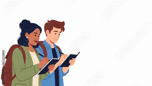 Students writing notes, two young people with backpacks diligently hold open notebooks and pens. Engaged students writing notes, focused on capturing important information for academic study.