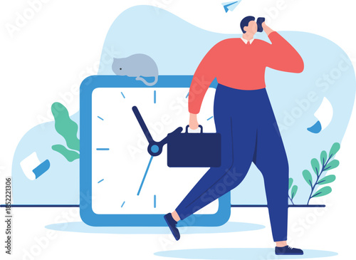 Busy man - Businessman in a hurry talking on phone walking with clock showing time. Flat design vector illustration with white background.