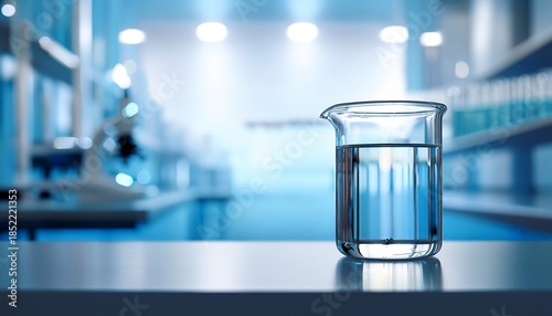 a single glass beaker filled with clear liquid placed on a lab bench sterile background and copy space