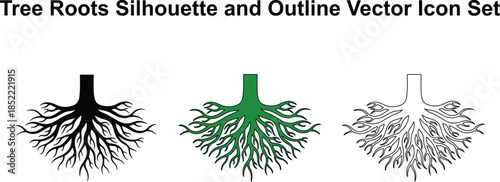 Tree Roots Silhouette and Outline Vector Icon Set