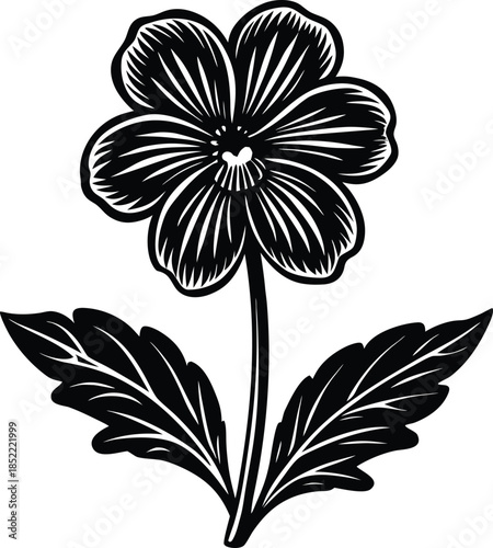 Black and white of a flower with five petals and leaves
