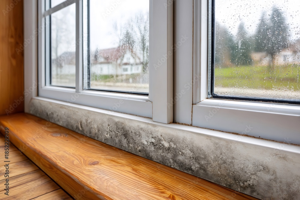 Fototapeta premium Black mold growing on window frame from dampness