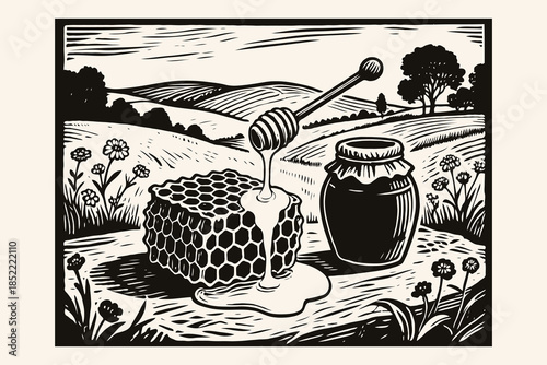 Honeycomb dripping honey beside a jar in a floral rural field, woodcut style on light background, concept of natural organic beekeeping