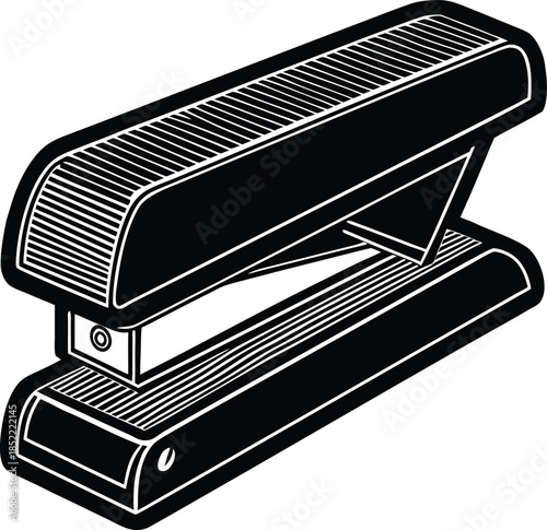 Black and white line of a vintage stapler with metal teeth