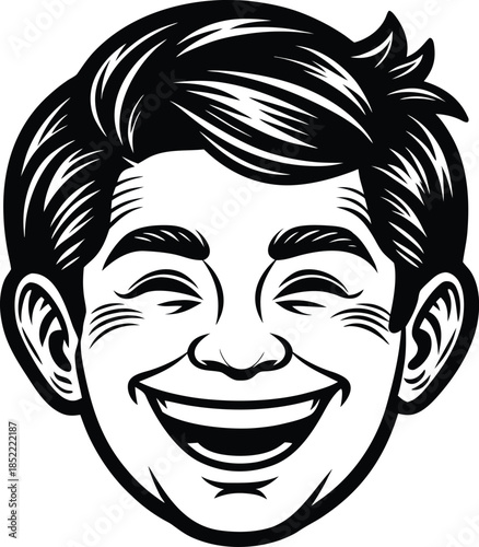 Laughing man with short hair and closed eyes black and white