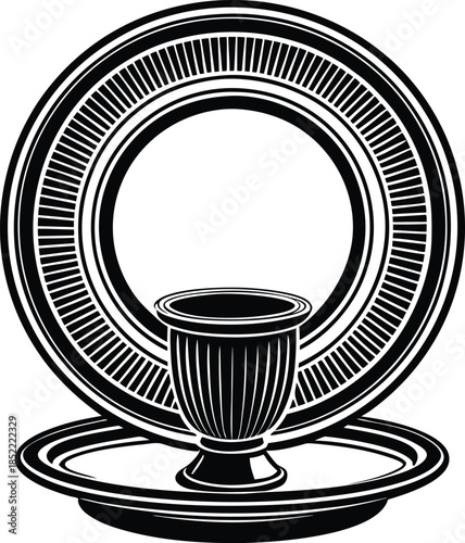 Black and white circular pattern with central goblet