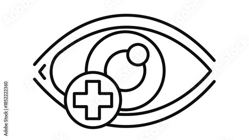 Line art illustration of an eye with a medical cross symbol inside the pupil