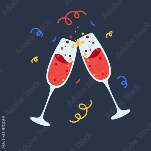 Two glasses of sparkling wine clinked. There was streamers and confetti all around. Flat .