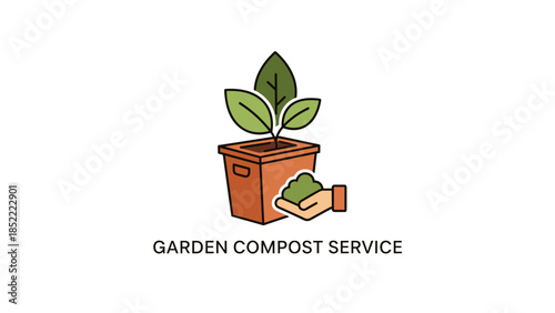 Garden compost service with plant growing in pot and hand offering soil  